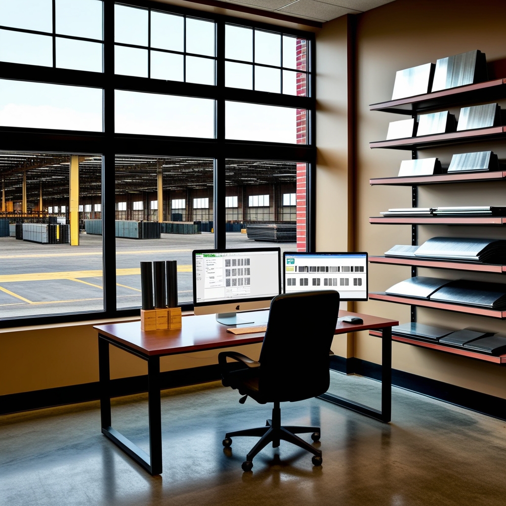 Modern metal supply company office overlooking warehouse operations