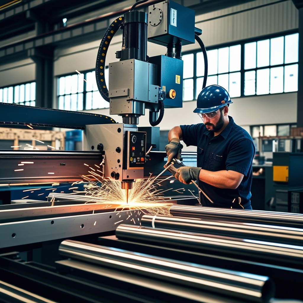 Industrial metal fabrication workshop with CNC machine cutting stainless steel bar stock