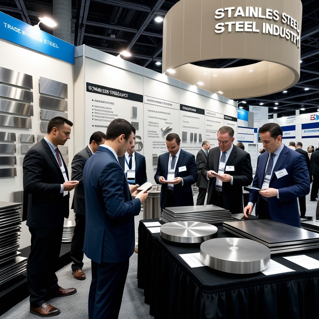 Modern steel industry trade show with stainless steel product displays