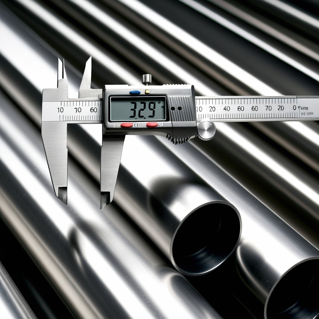 Quality control inspection of stainless steel tubes and pipes with precision measuring caliper