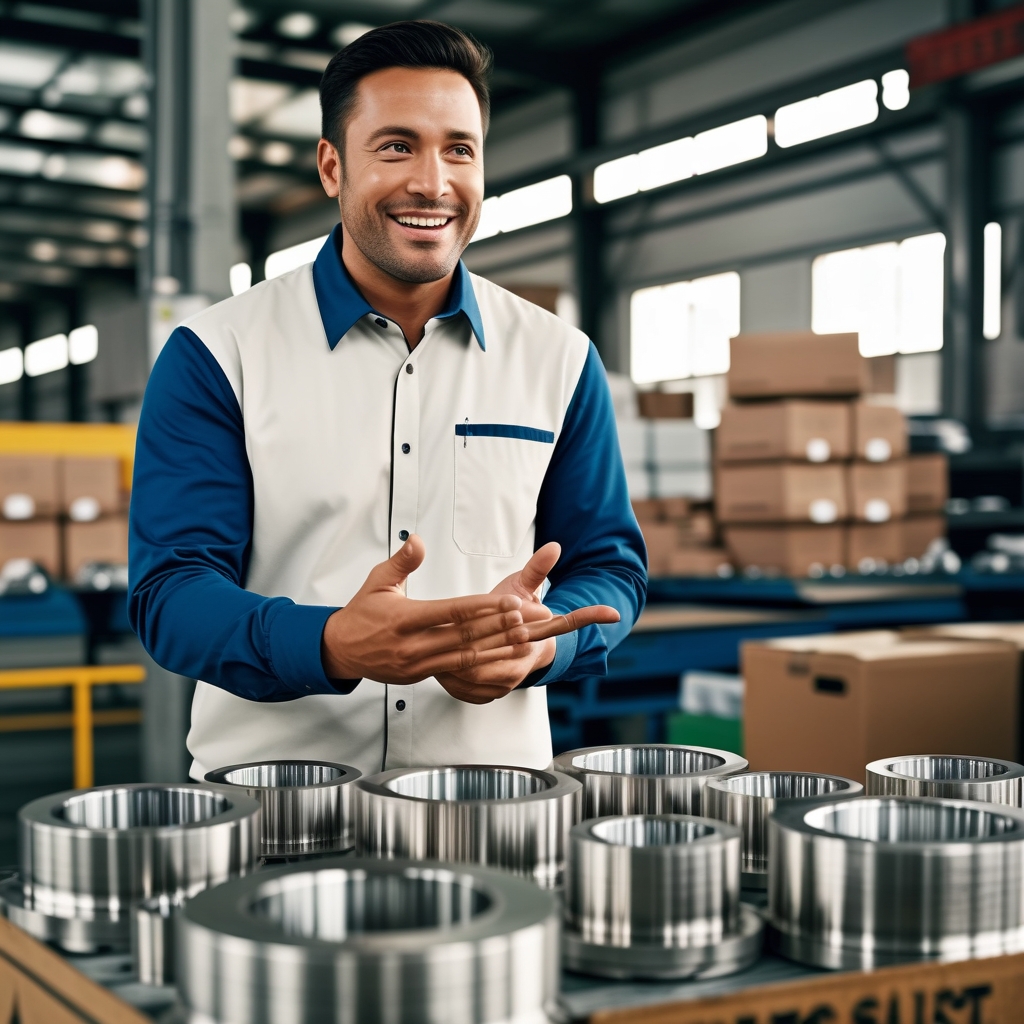 Satisfied manufacturing business owner inspecting precision-cut stainless steel components